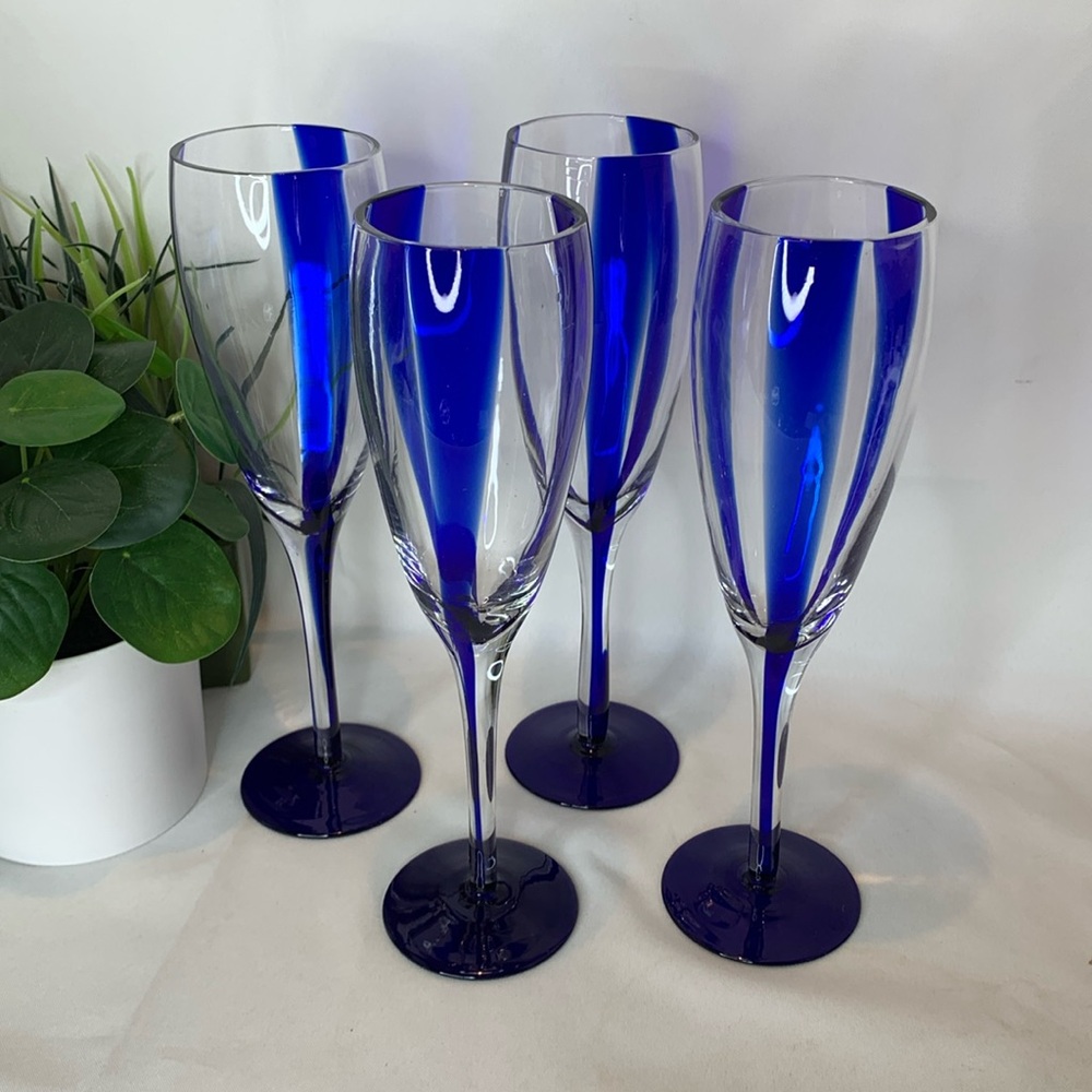 Set of 4 Pier 1 cobalt blue striped champagne flutes / glasses